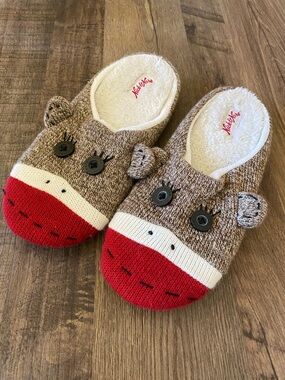 Nick & Nora Knit Sock Monkey Slippers in Brown, Red & Cream 5-7
